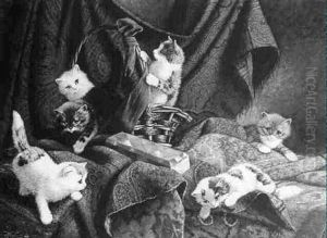 Kittens Playing With A Basket And Curtains by Cornelis Raaphorst