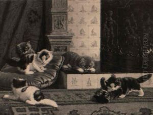 Kittens At Play In Front Of A Delft-blue Tiled Fireplace by Cornelis Raaphorst