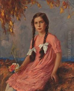Portrait Of A Girl In Pink Dress With Flowers In Her Hand