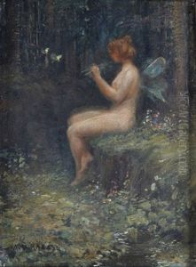 Waldinneres Mit Flote Blasender Elfe by Max Friedrich Rabes