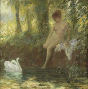 Waldweiher Mit Junger Frau Beim Bad by Max Friedrich Rabes