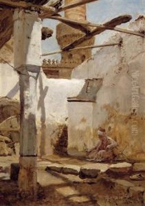 Ein Stiller Winkel. Araber Im Hinterhof Einer Moschee, Sich Dem Musiggang Hingebend (moschee In Boulac?) by Max Friedrich Rabes