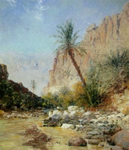A Desert Landscape With A Palm Tree By A Stream