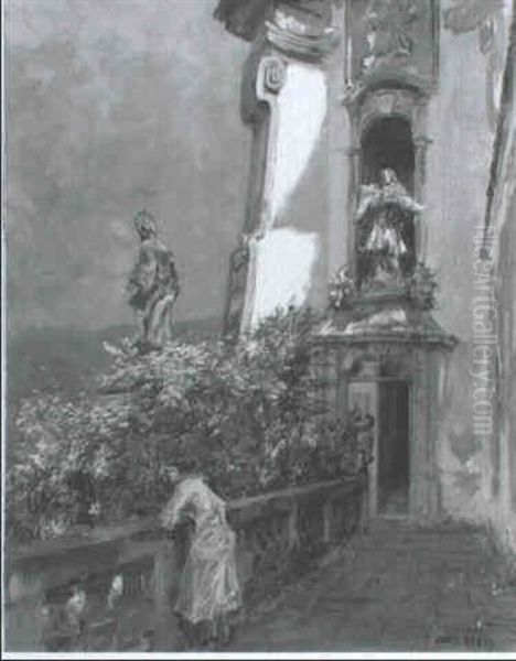 Junge Frau Vor Der Stiftskirche Von Durnstein In Der Wachau - view 1