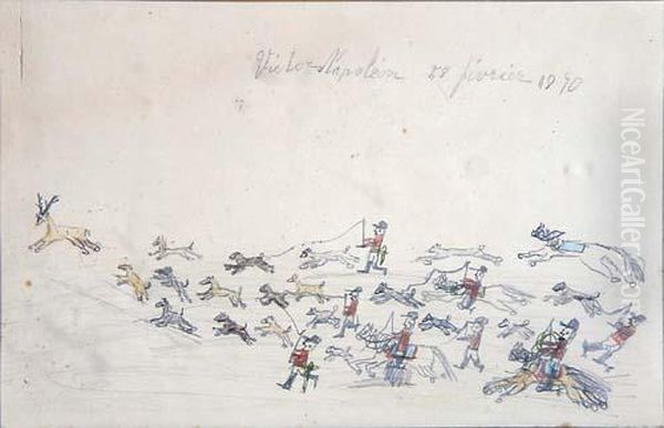 Hetzjagd Auf Einen Hirsch, Kinderzeichnung Mit Bleistift Und Buntstiften - view 1