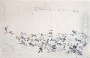 Hetzjagd Auf Einen Hirsch, Kinderzeichnung Mit Bleistift Und Buntstiften Hetzjagd Auf Einen Hirsch, Kinderzeichnung Mit Bleistift Und Buntstiften