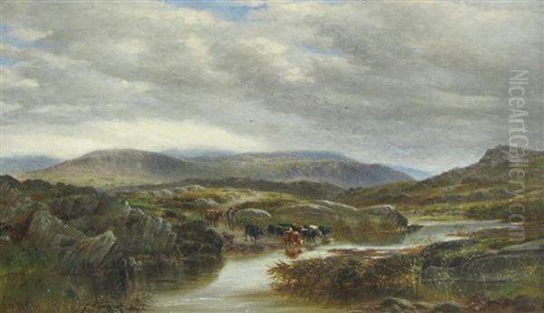 A Moorland Landscape With A Drover And Cattle Fording A Stream - view 1