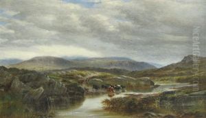 A Moorland Landscape With A Drover And Cattle Fording A Stream by Charles Walter Radclyffe