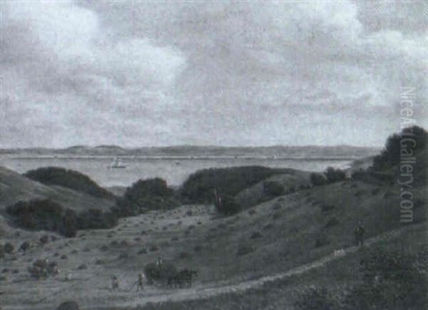 Landskab Med Bonder Pa Marken, I Baggrunden Fjord Med Sejlskibe - view 1