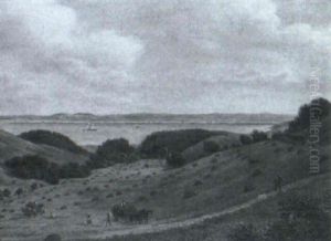Landskab Med Bonder Pa Marken, I Baggrunden Fjord Med       Sejlskibe by Niels Groenbek Rademacher