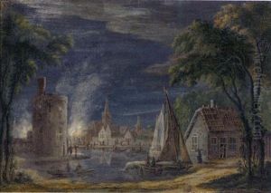 A Town On A River With A Building On Fire