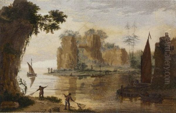 A Coastal Scene With Fishermen By Cliffs - view 1