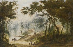 A Woodland Path With A Carriage Driving Towards A River by Abraham Rademaker