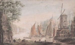 View Of A River Running Through A Town, With A Barge Moored Outside An Inn by Abraham Rademaker