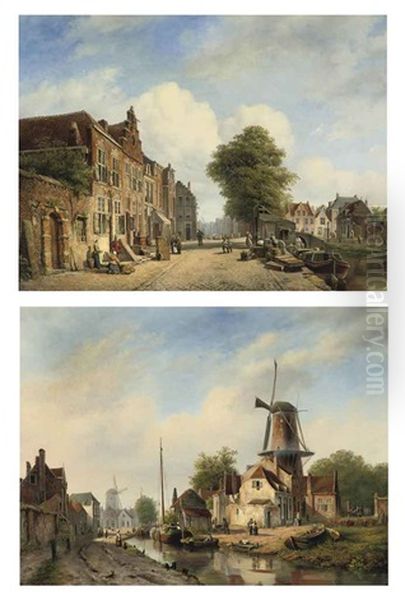 Unloading The Barge On A Sunlit Quay (+ Figures Strolling Along The Town Canal; Pair) - view 1