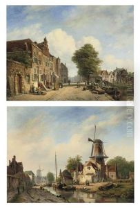 Unloading The Barge On A Sunlit Quay (+ Figures Strolling Along The Town Canal; Pair) by Marinus van Raden