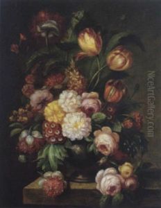 Primule, Papaveri, Tulipani, Rose, Peonie E Anemoni In Un Vaso Di Bronzo Su Un Piano Di Pietra