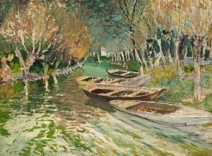 Boats At Anchor On A Stream by Vaclav Radimsky