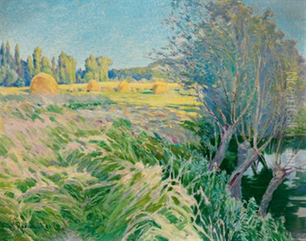 Landschaft Mit Weiden Am Flus Und Heuhaufen - view 1