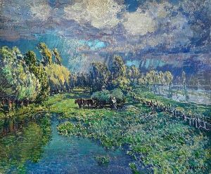 A River Landscape With Figures Harvesting by Wenzel Radimsky