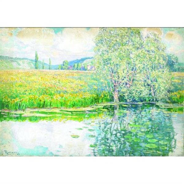An Extensive Summer Landscape With Trees By A River With Waterlilies In The Foreground - view 1