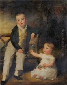 Portrait Of Willoughby Wood And Arthur Thorold Wood, One Boy Seated On A Bench, The Other On The Floor Nearby Holding Flowers