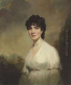 Portrait Of A Lady, Identified As Mrs. Walter Learmouth (1772-1832), Half-length, In A White Dress, A Landscape Beyond