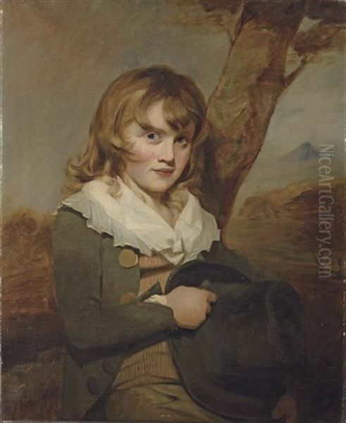 Portrait Of Master Loch In A Green Coat And Red And White Striped Waistcoat, A Hat In His Right Hand, Leaning Against A Tree In A Landscape - view 1