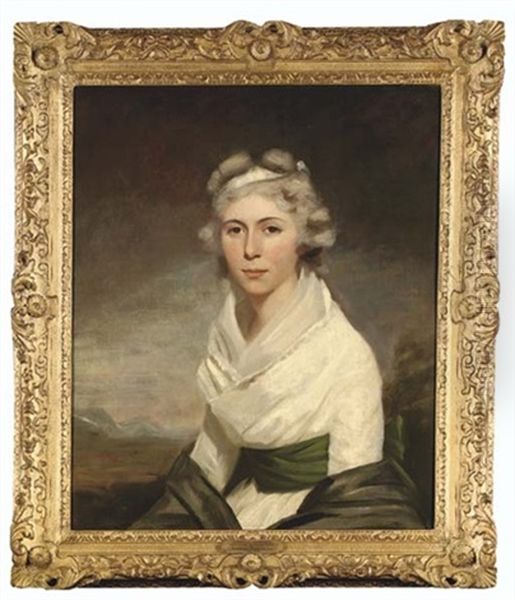 Portrait Of Mrs George Wood In A White Dress With A Green Sash And Black Shawl, In A Landscape - view 1