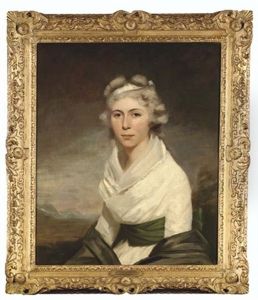 Portrait Of Mrs George Wood In A White Dress With A Green Sash And Black Shawl, In A Landscape