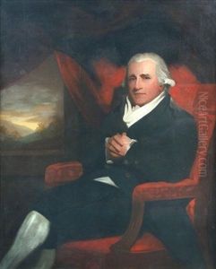 Portrait Of Sir Walter Farquhar 1st Baronet, Physician To George Iv, Three Quarter Length, Seated In A Green Jacket, Black Breeches And White Stockings With A Landscape Beyond