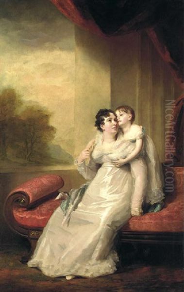 Portrait Of Margaret Lee Harvey With Her Child (john Harvey?), Both Full-length, She Seated By A Window On A Red Day Bed In A White Dress, He In A White Dress - view 1