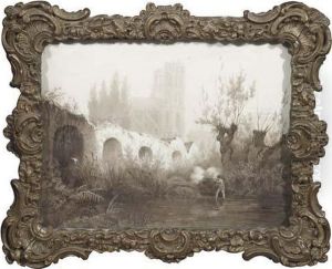 A Sportsman By A Ruined Bridge, A Cathedral Beyond by Jean Joseph Bonaventura Laurens