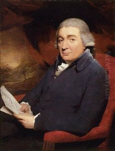 Portrait Of Alexander Mackenzie Of Portmore Seated In A Red Chair And Wearing A Gray Coat And Wig, A Landscape Seen Beyond