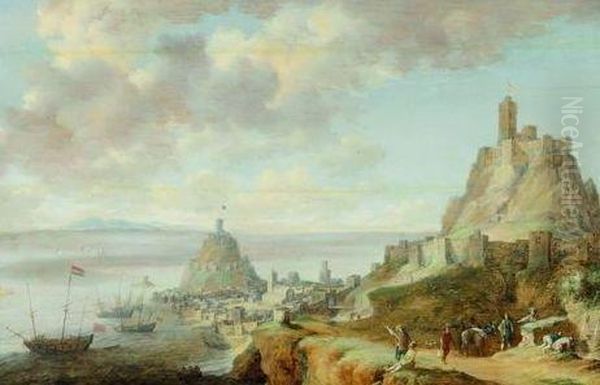 Promeneurs Et Paysans Devant Une Vue De Gaeta Pres De Naples - view 1