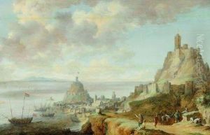 Promeneurs Et Paysans Devant Une Vue De Gaeta Pres De Naples