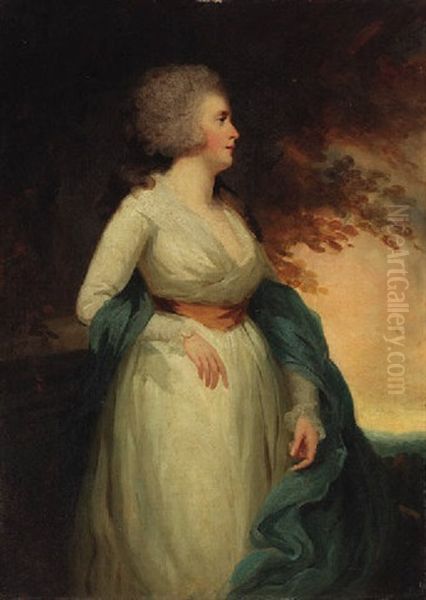 Portrait Of A Lady In A White Dress And A Blue Shawl, In A Landscape - view 1