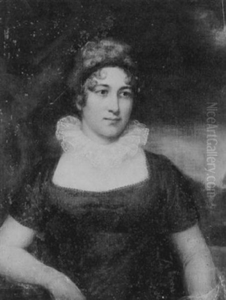 Portrait Of Lady Alastair Of Glenmuir Wearing A Brown Dress With A White Lace Collar, A Red Curtain With A Landscape Beyond - view 1