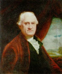 Portrait Of A Gentleman In A Red Coat And White Shirt, Before A Draped Curtain, A Landscape Beyond