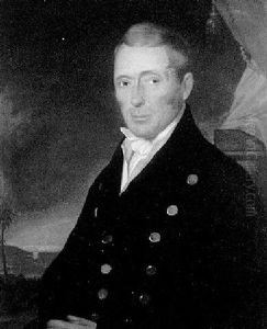 Portrait Of Admiral Monteith Seated Before A View Of A Tropical Port