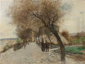 Promeneurs A La Sortie D'un Village