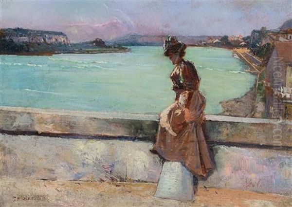 Girl Seated On Bridge - view 1
