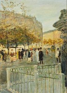 Parisian Street Scene With Walking People by Jean Francois Raffaelli