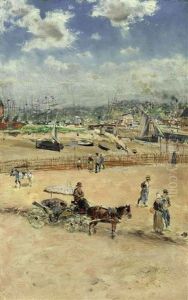 Figures Before A Harbor, Low Tide by Jean Francois Raffaelli