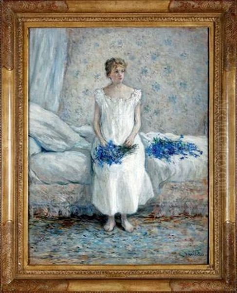 Jeune Fille Aux Bleuets Assise Sur Son Lit - view 1