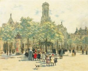 Fillettes Se Promenant Sur La Place Du Louvre by Jean Francois Raffaelli
