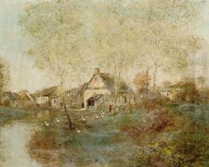 Feeding The Ducks Along The Canal by Jean Francois Raffaelli