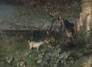 An Elegant Lady Feeding A Goat On A Coastal Path by Jean Francois Raffaelli