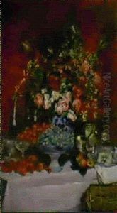Fleurs Dans Un Vase De Delft, Champagne Et Fruits