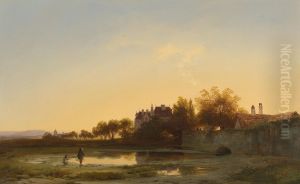 Angler In The Evening Light By The Castle Pond